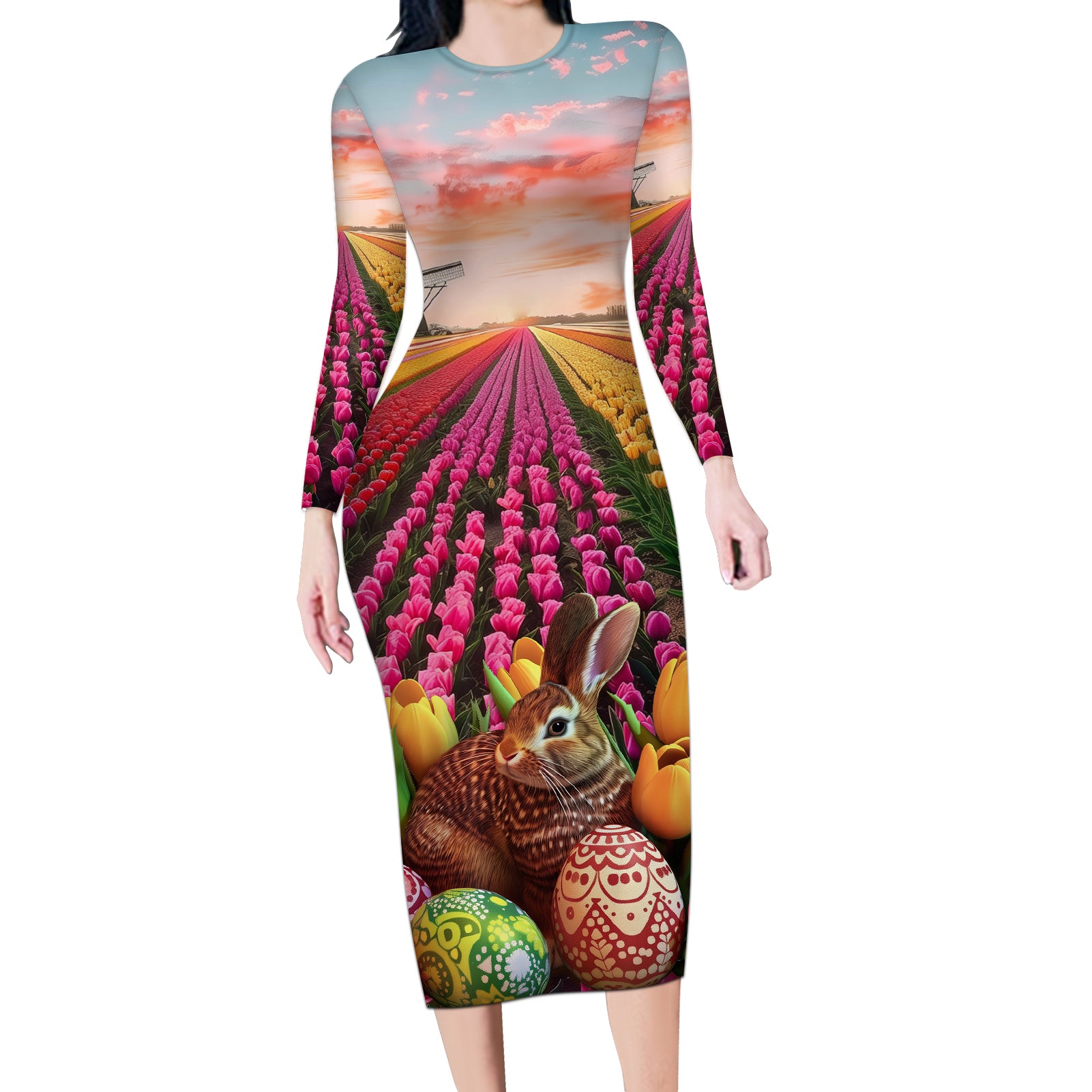Netherlands Easter 2024 Long Sleeve Bodycon Dress Bunny With Tulips Flowers Field