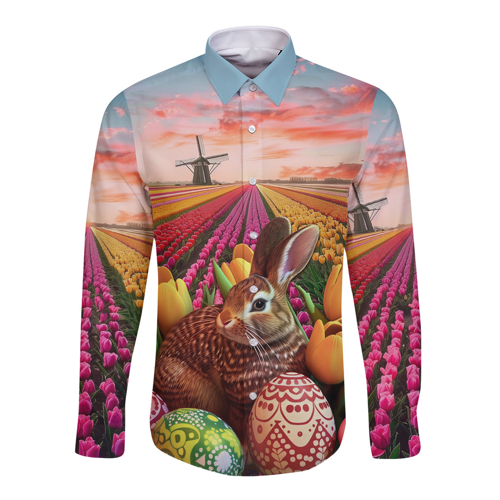 Netherlands Easter 2024 Long Sleeve Button Shirt Bunny With Tulips Flowers Field - Wonder Print Shop