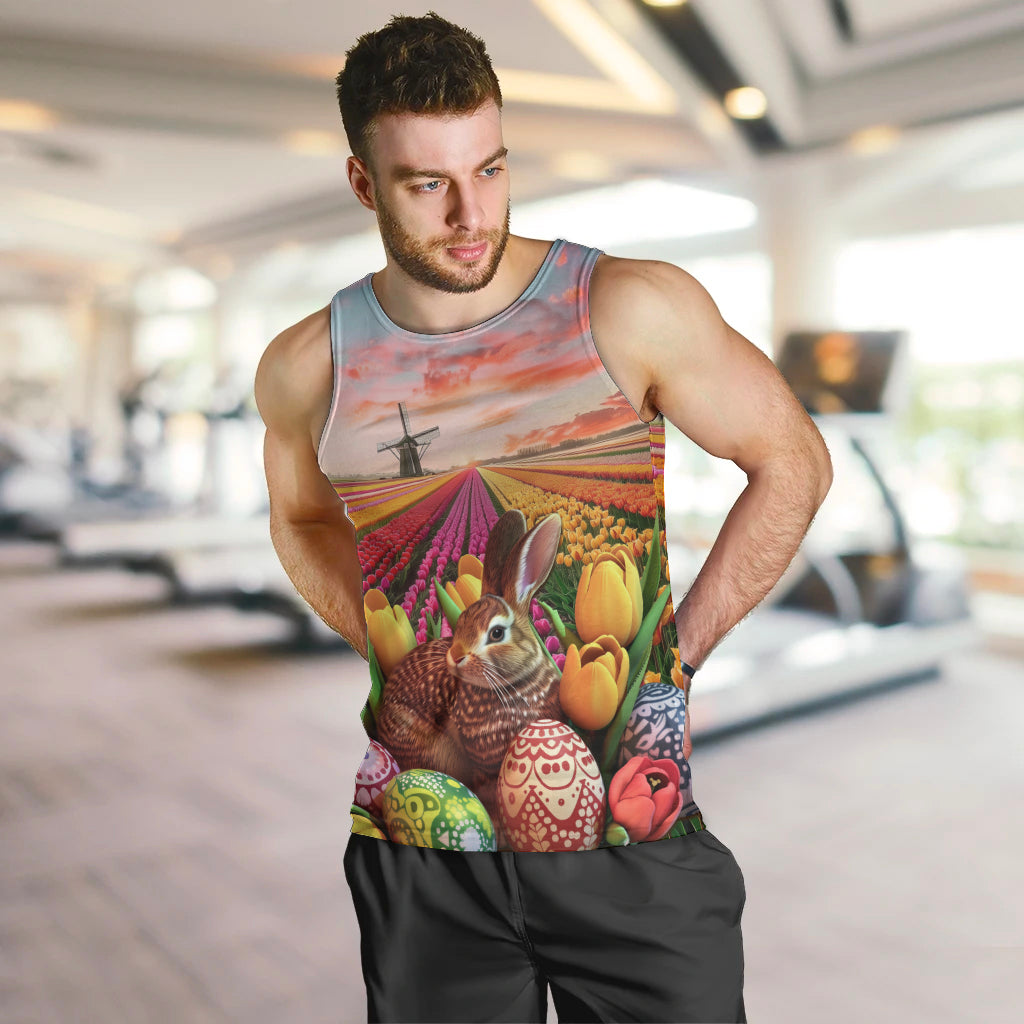 Netherlands Easter 2024 Men Tank Top Bunny With Tulips Flowers Field