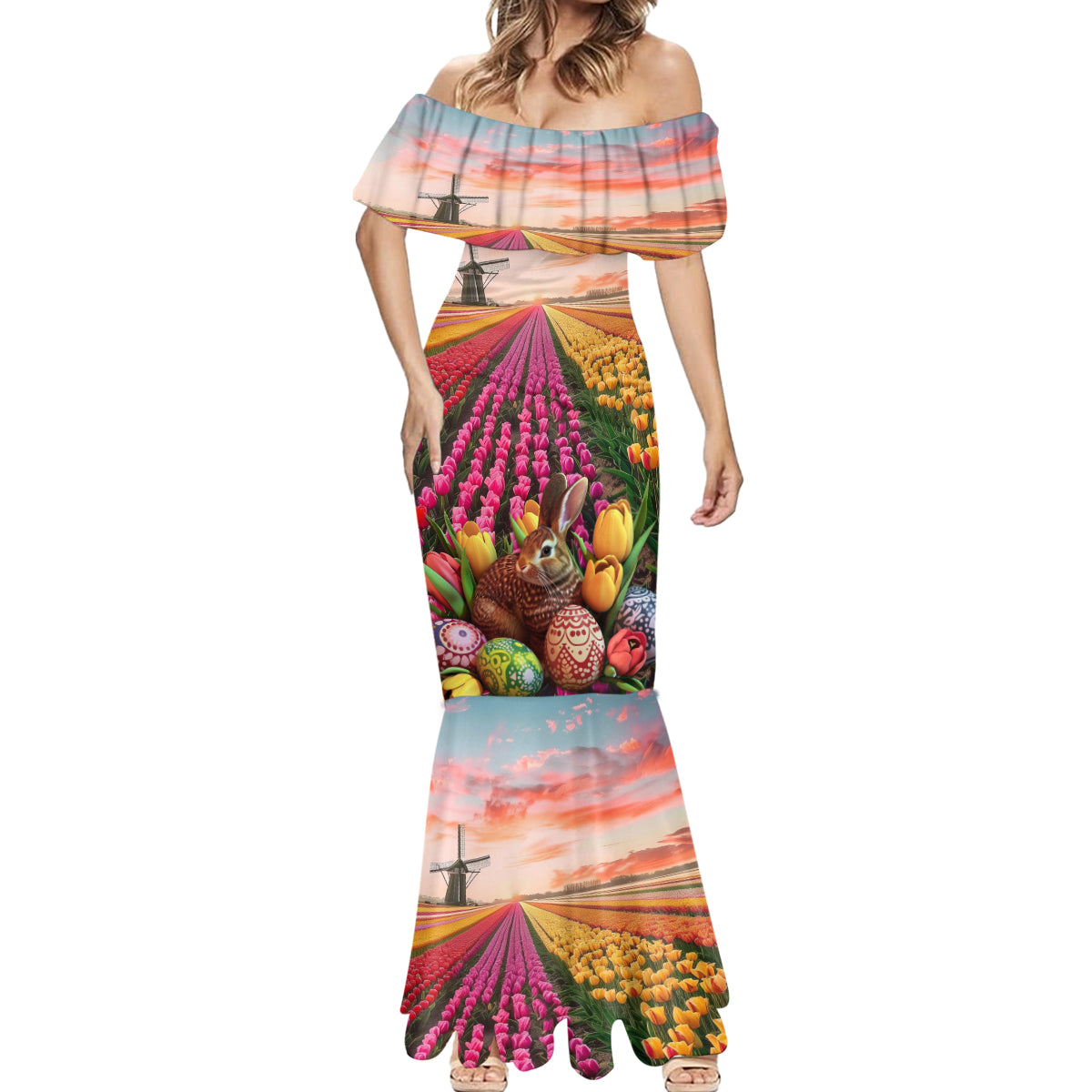 Netherlands Easter 2024 Mermaid Dress Bunny With Tulips Flowers Field - Wonder Print Shop