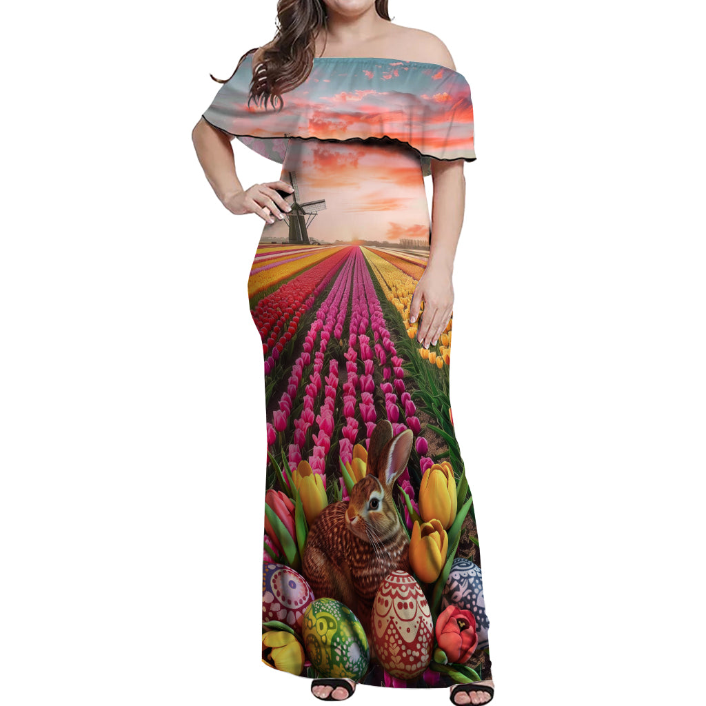 Netherlands Easter 2024 Off Shoulder Maxi Dress Bunny With Tulips Flowers Field