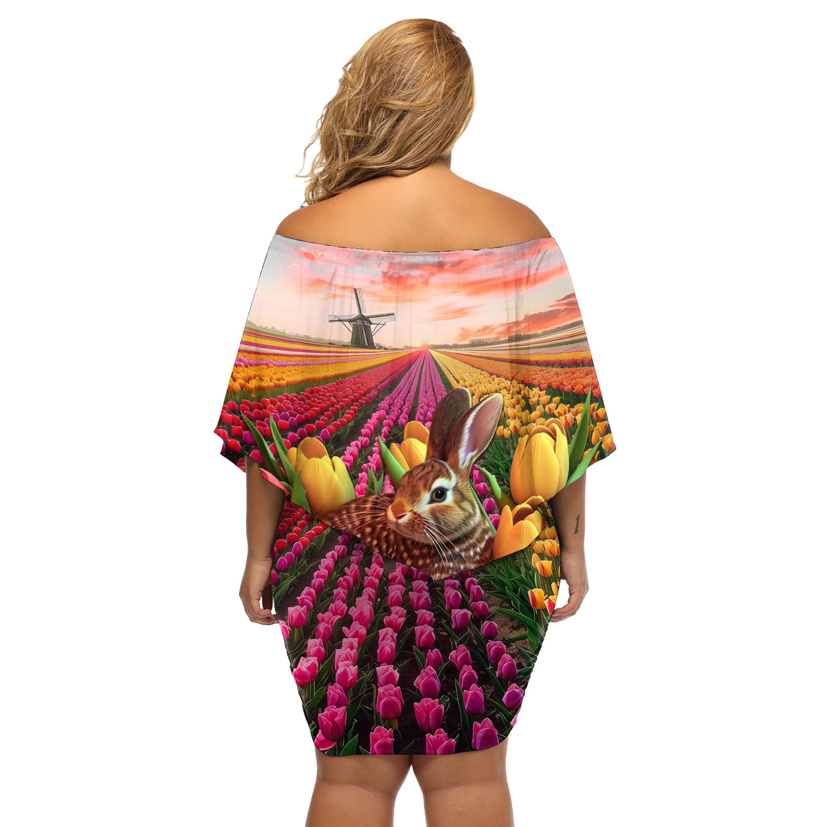 Netherlands Easter 2024 Off Shoulder Short Dress Bunny With Tulips Flowers Field - Wonder Print Shop