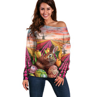 Netherlands Easter 2024 Off Shoulder Sweater Bunny With Tulips Flowers Field - Wonder Print Shop