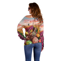 Netherlands Easter 2024 Off Shoulder Sweater Bunny With Tulips Flowers Field - Wonder Print Shop