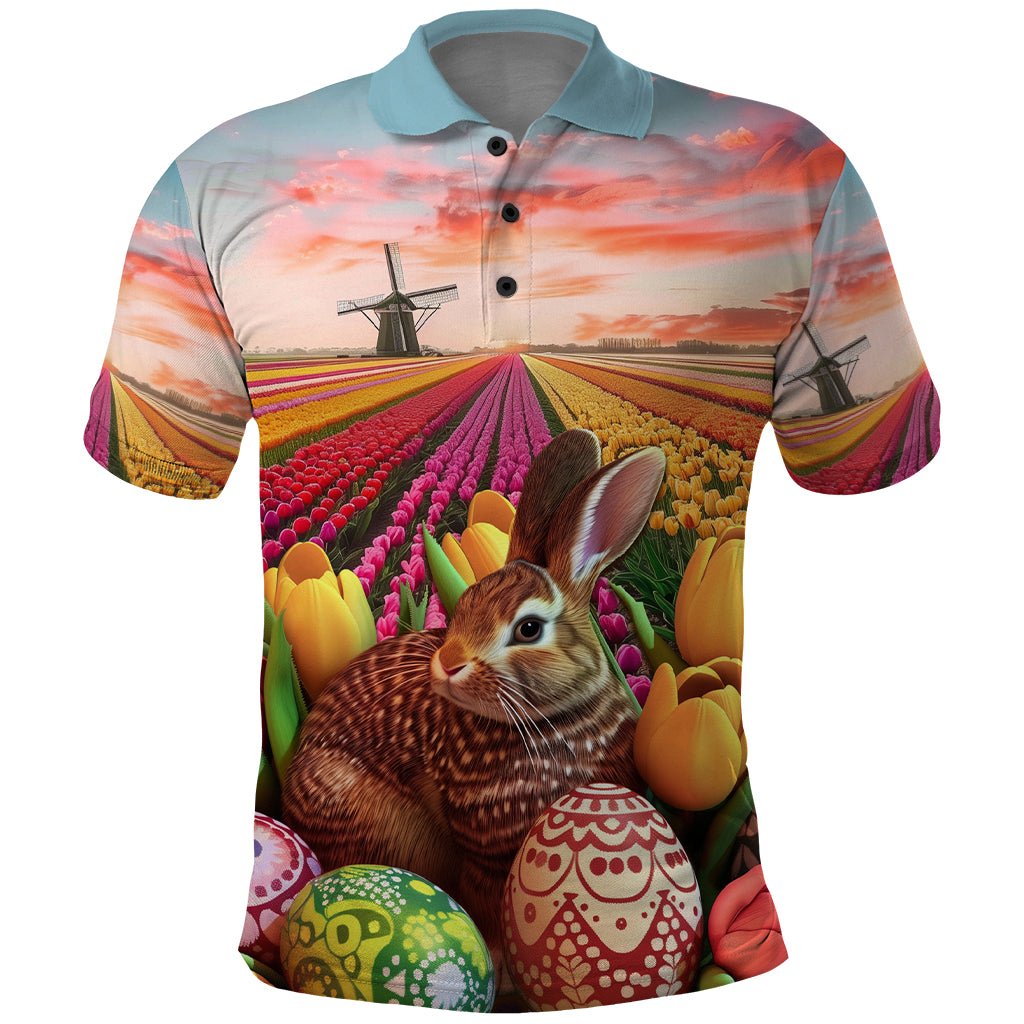 Netherlands Easter 2024 Polo Shirt Bunny With Tulips Flowers Field