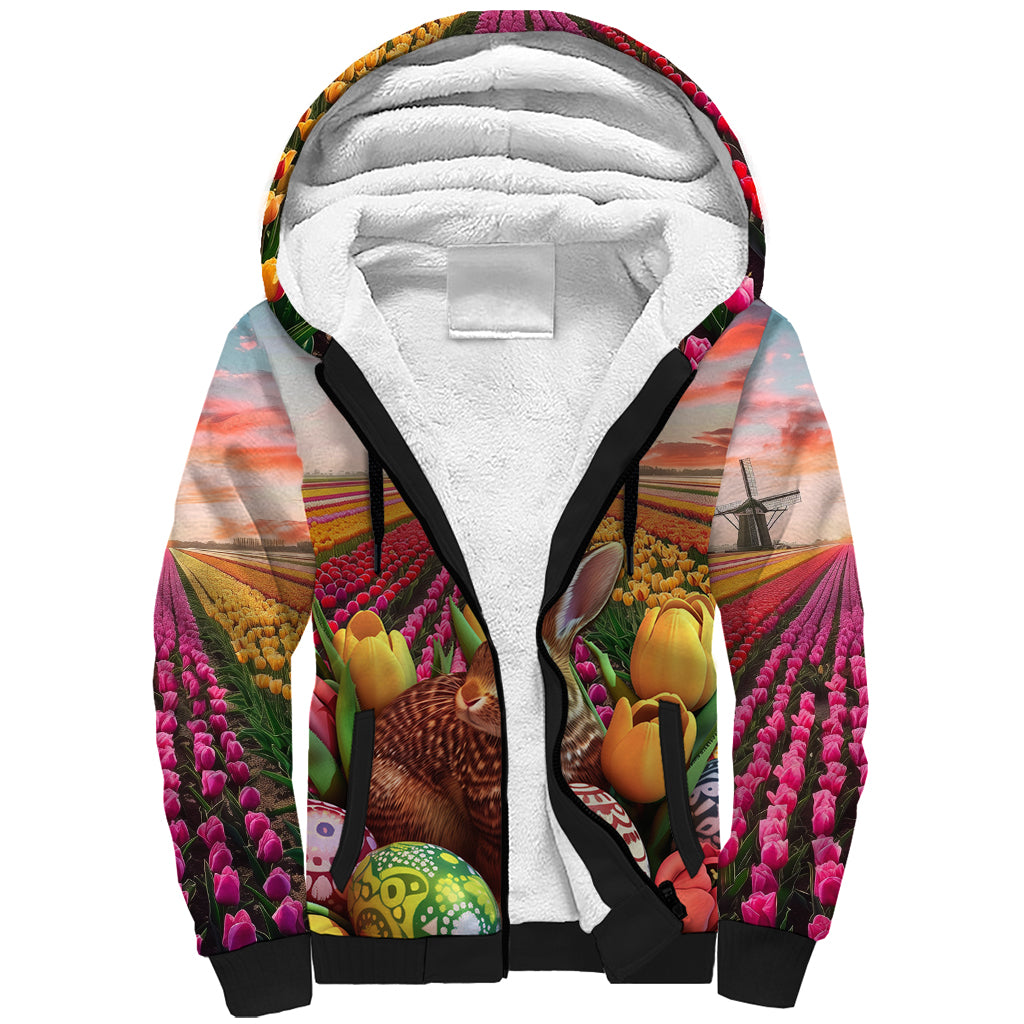 Netherlands Easter 2024 Sherpa Hoodie Bunny With Tulips Flowers Field - Wonder Print Shop