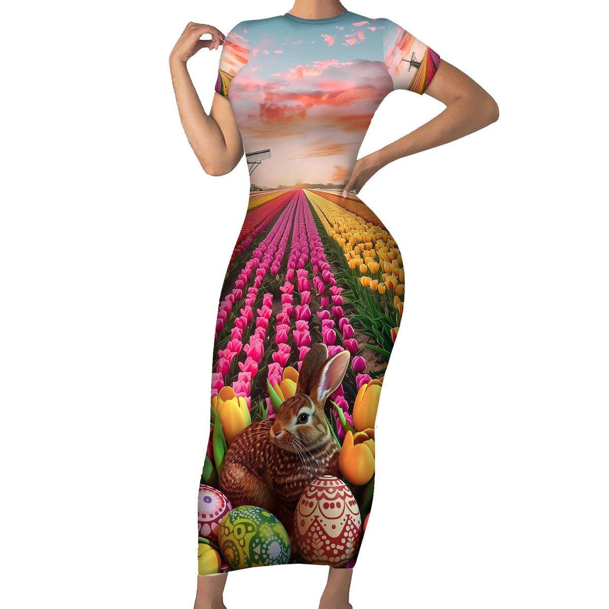 Netherlands Easter 2024 Short Sleeve Bodycon Dress Bunny With Tulips Flowers Field - Wonder Print Shop