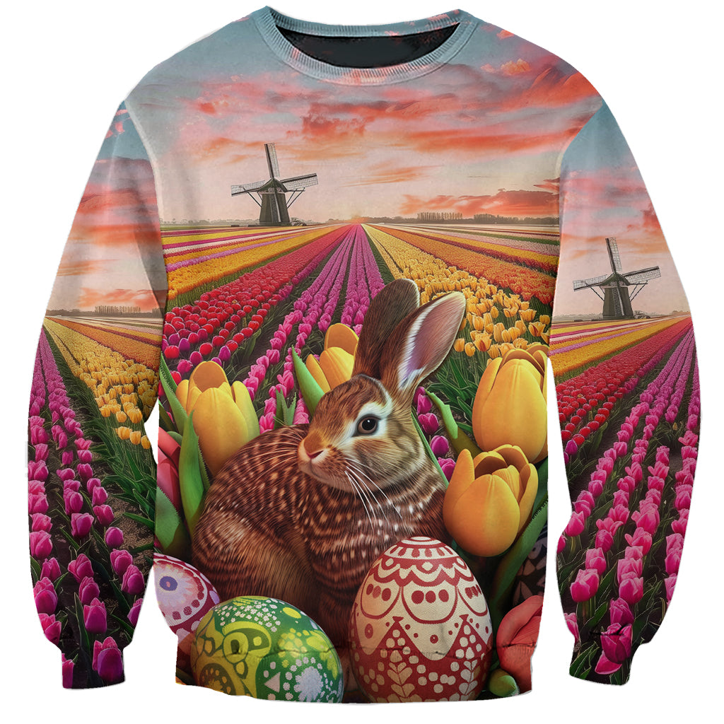 Netherlands Easter 2024 Sweatshirt Bunny With Tulips Flowers Field - Wonder Print Shop