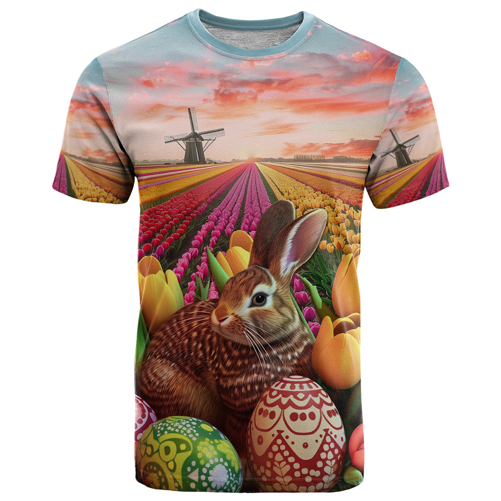 Netherlands Easter 2024 T Shirt Bunny With Tulips Flowers Field - Wonder Print Shop