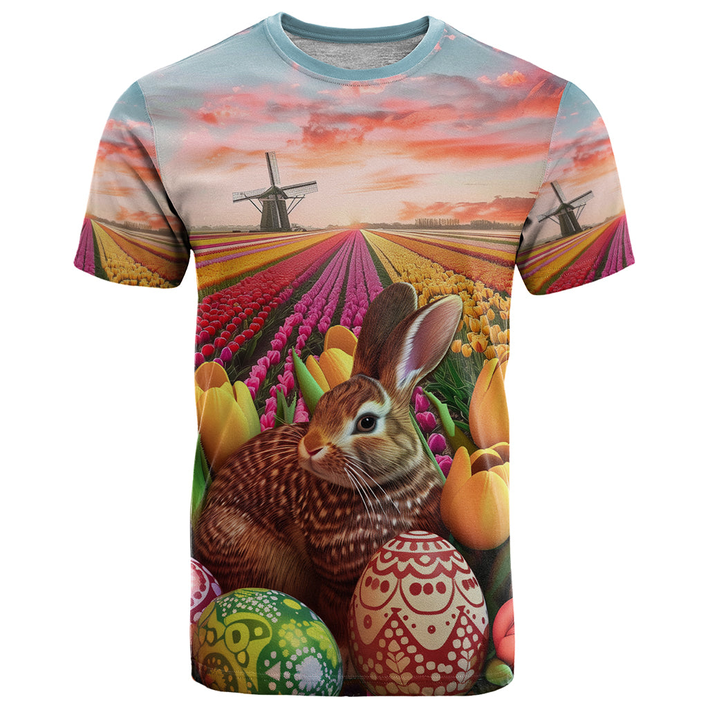 Netherlands Easter 2024 T Shirt Bunny With Tulips Flowers Field