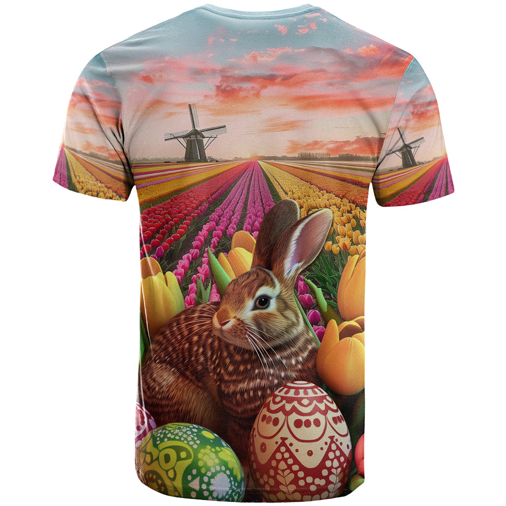 Netherlands Easter 2024 T Shirt Bunny With Tulips Flowers Field - Wonder Print Shop