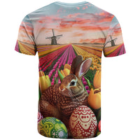 Netherlands Easter 2024 T Shirt Bunny With Tulips Flowers Field - Wonder Print Shop
