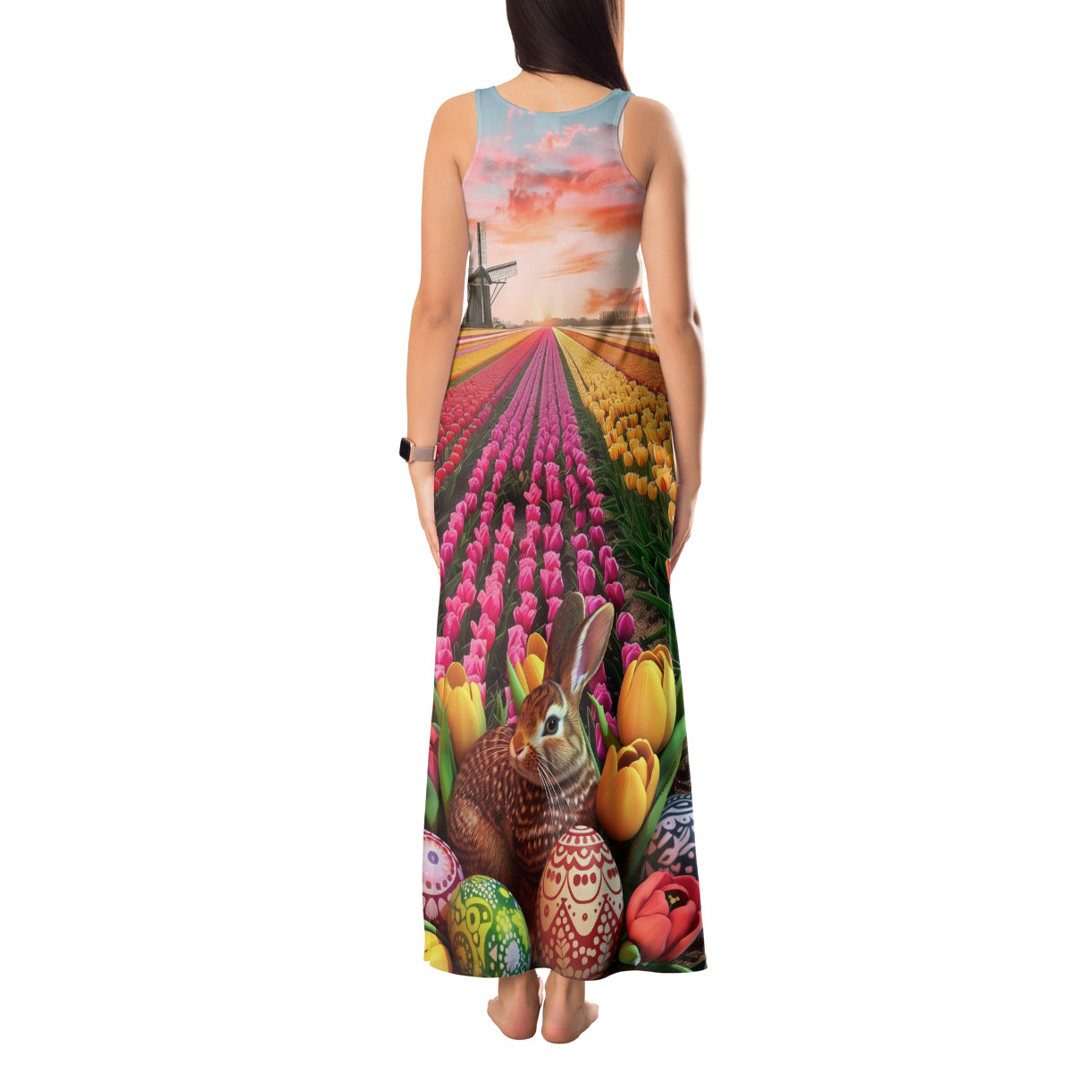 Netherlands Easter 2024 Tank Maxi Dress Bunny With Tulips Flowers Field - Wonder Print Shop