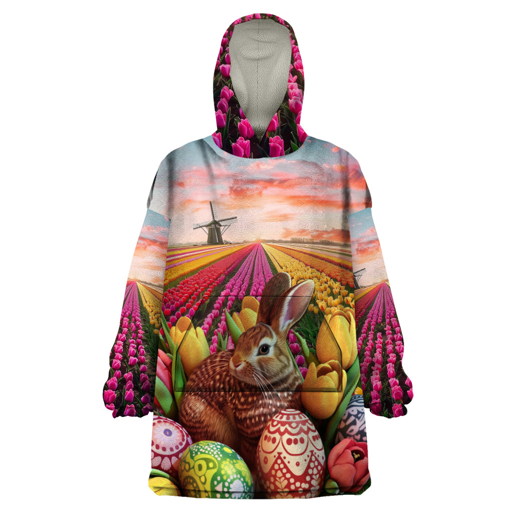 Netherlands Easter 2024 Wearable Blanket Hoodie Bunny With Tulips Flowers Field