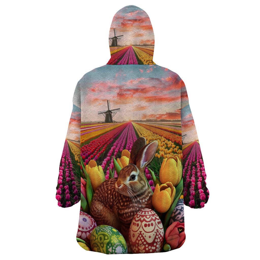 Netherlands Easter 2024 Wearable Blanket Hoodie Bunny With Tulips Flowers Field - Wonder Print Shop