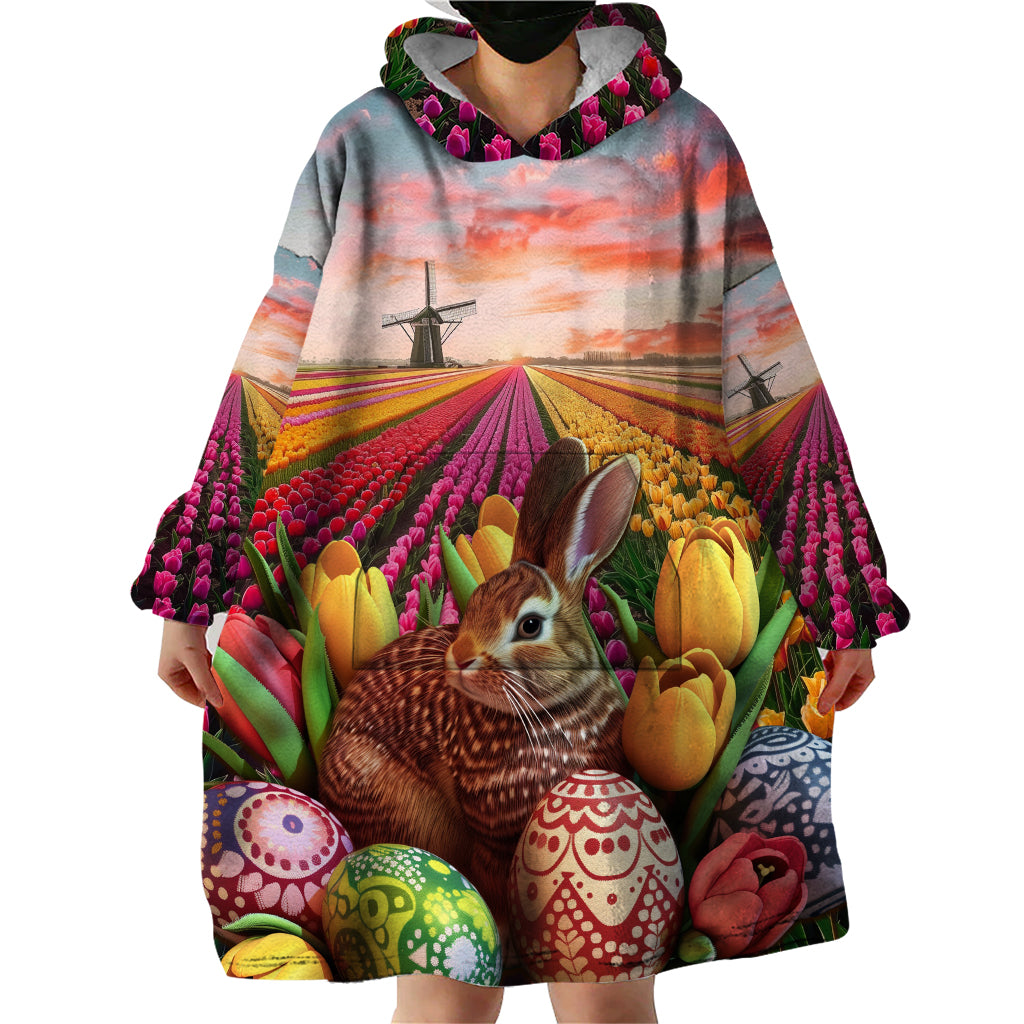 Netherlands Easter 2024 Wearable Blanket Hoodie Bunny With Tulips Flowers Field - Wonder Print Shop