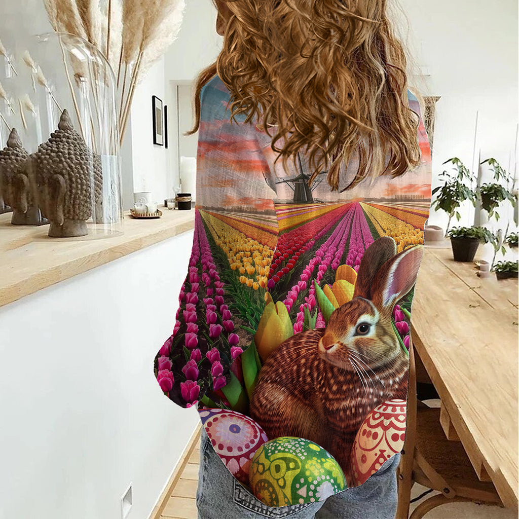 Netherlands Easter 2024 Women Casual Shirt Bunny With Tulips Flowers Field - Wonder Print Shop