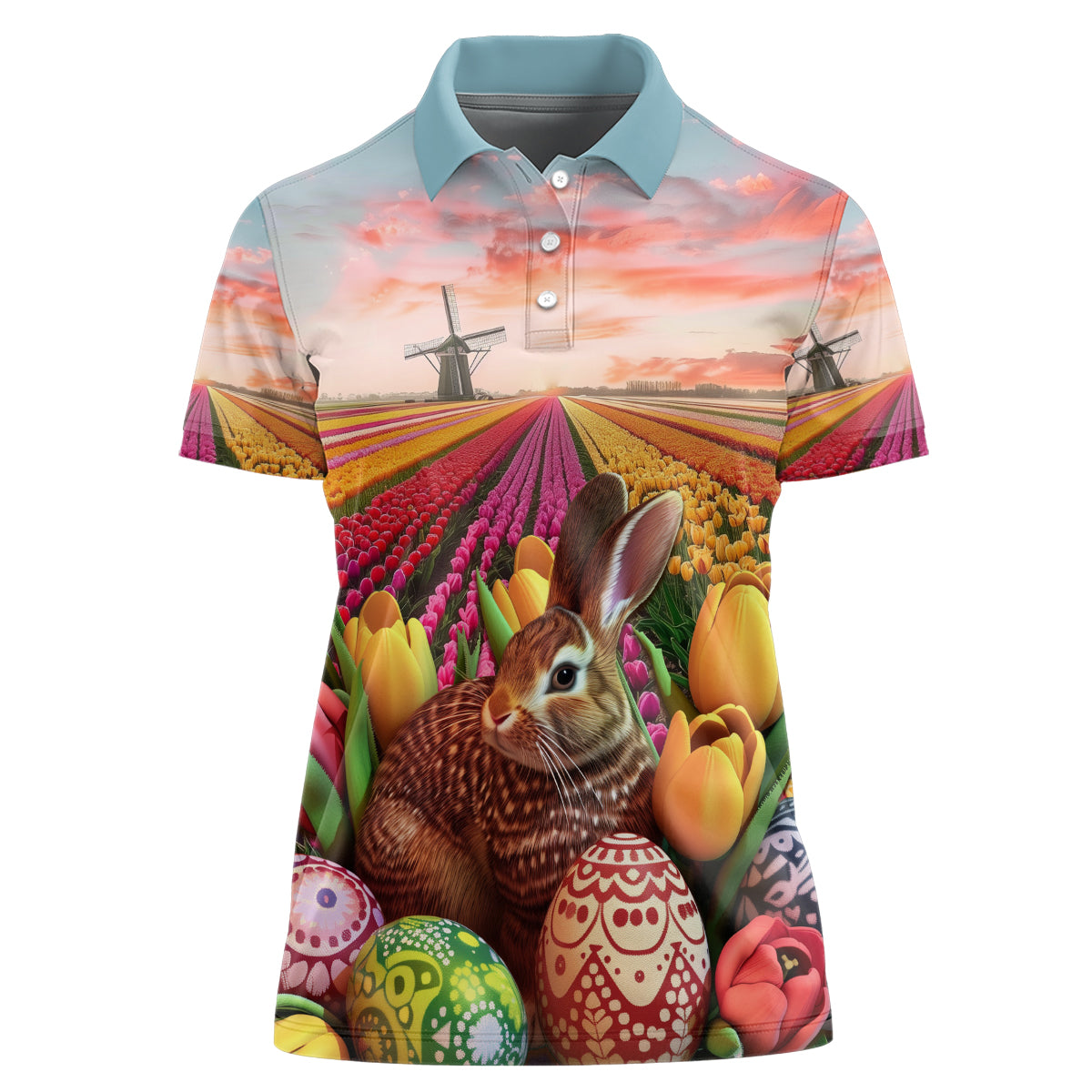 Netherlands Easter 2024 Women Polo Shirt Bunny With Tulips Flowers Field