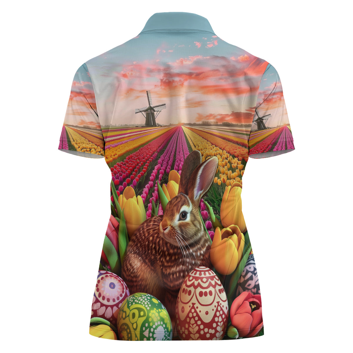 Netherlands Easter 2024 Women Polo Shirt Bunny With Tulips Flowers Field - Wonder Print Shop