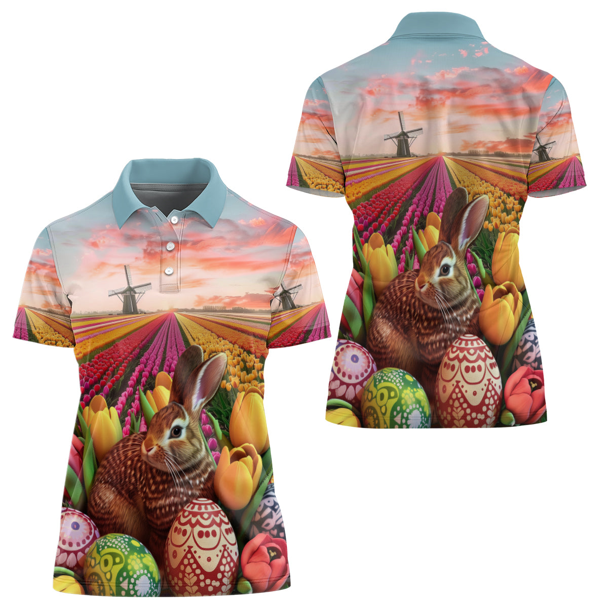 Netherlands Easter 2024 Women Polo Shirt Bunny With Tulips Flowers Field - Wonder Print Shop