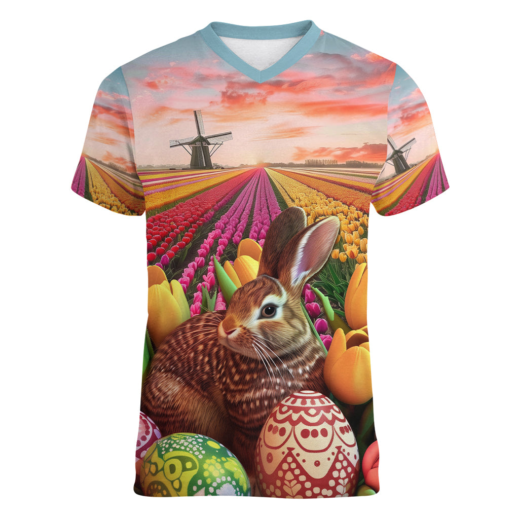 Netherlands Easter 2024 Women V-Neck T-Shirt Bunny With Tulips Flowers Field - Wonder Print Shop