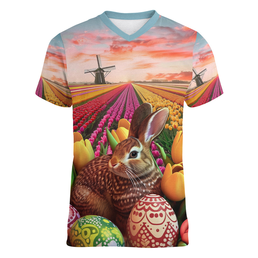 Netherlands Easter 2024 Women V-Neck T-Shirt Bunny With Tulips Flowers Field