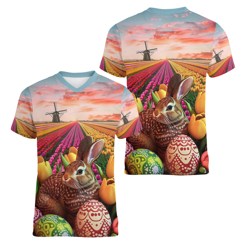 Netherlands Easter 2024 Women V-Neck T-Shirt Bunny With Tulips Flowers Field - Wonder Print Shop