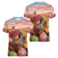Netherlands Easter 2024 Women V-Neck T-Shirt Bunny With Tulips Flowers Field - Wonder Print Shop