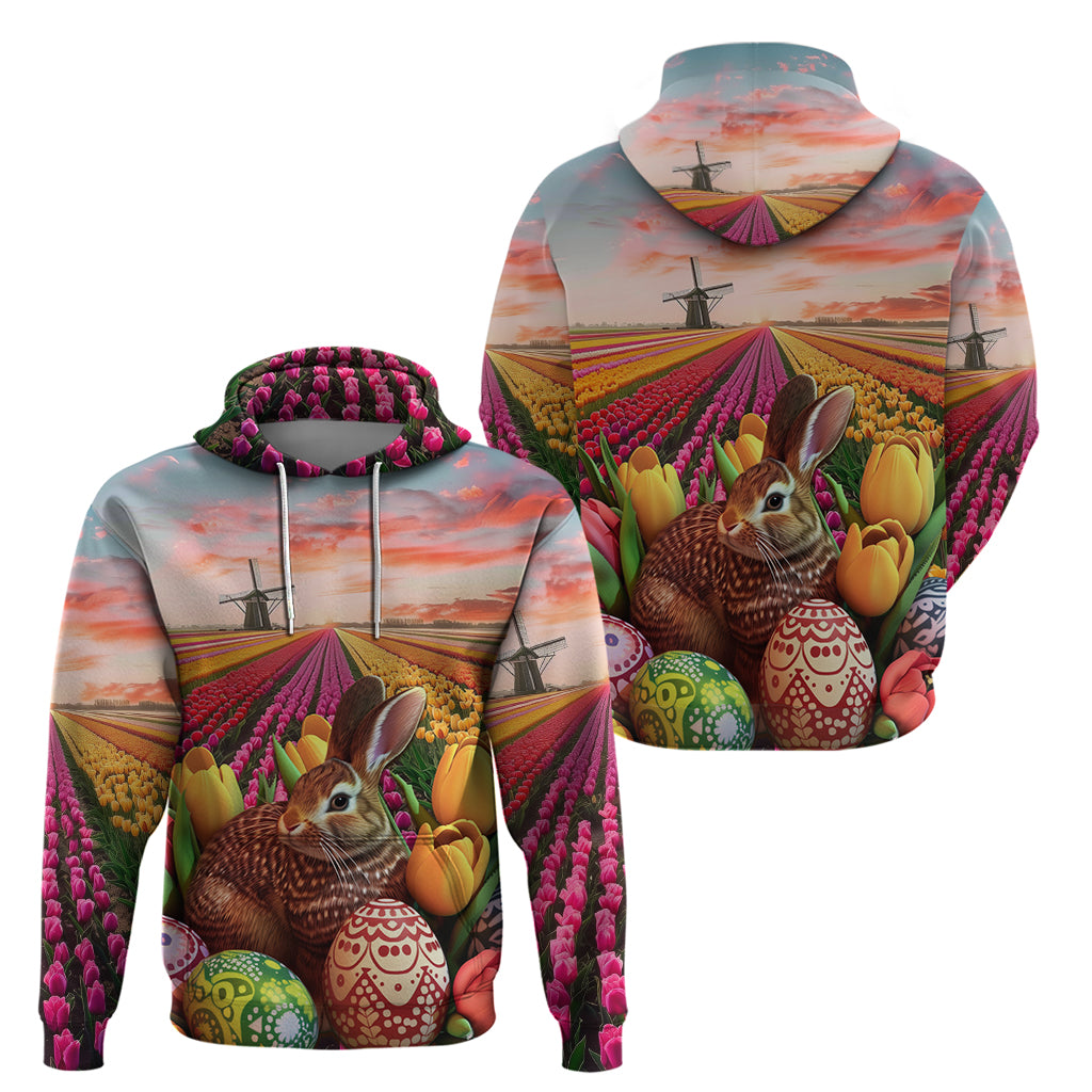 Netherlands Easter 2024 Zip Hoodie Bunny With Tulips Flowers Field - Wonder Print Shop