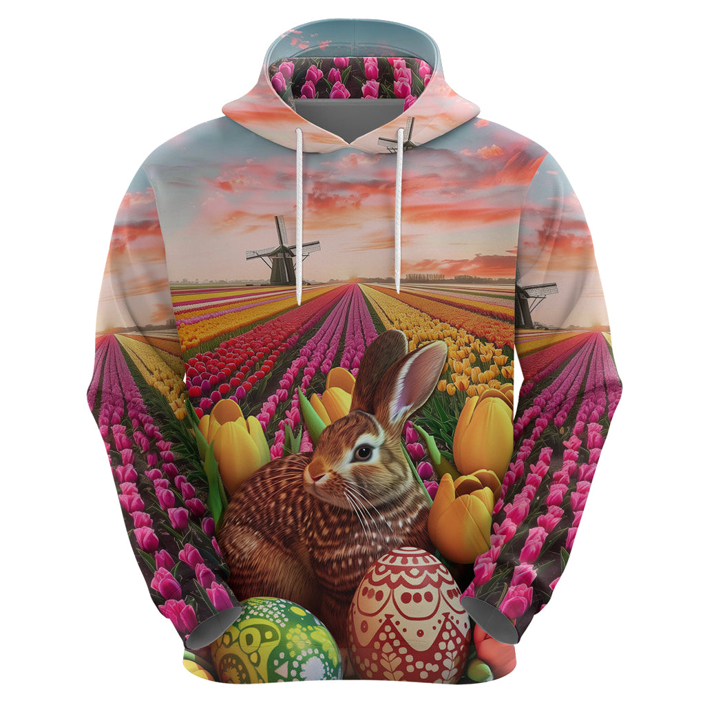 Netherlands Easter 2024 Zip Hoodie Bunny With Tulips Flowers Field - Wonder Print Shop