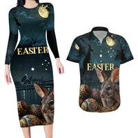Australia Easter 2024 Couples Matching Long Sleeve Bodycon Dress and Hawaiian Shirt Bunny With Aboriginal Eggs At Starry Night - Wonder Print Shop