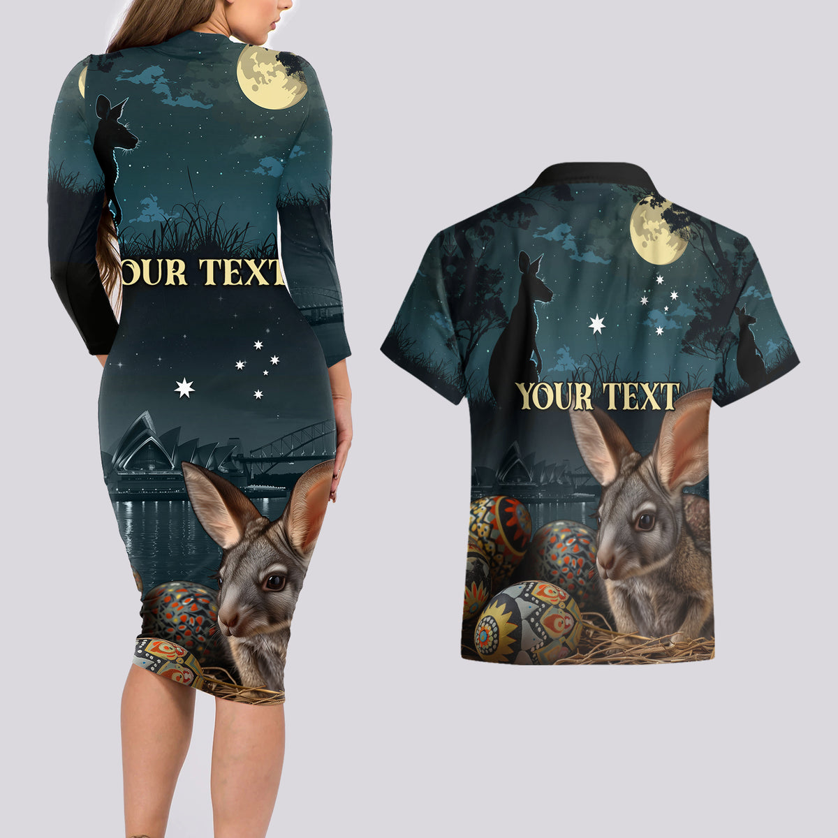 Australia Easter 2024 Couples Matching Long Sleeve Bodycon Dress and Hawaiian Shirt Bunny With Aboriginal Eggs At Starry Night - Wonder Print Shop