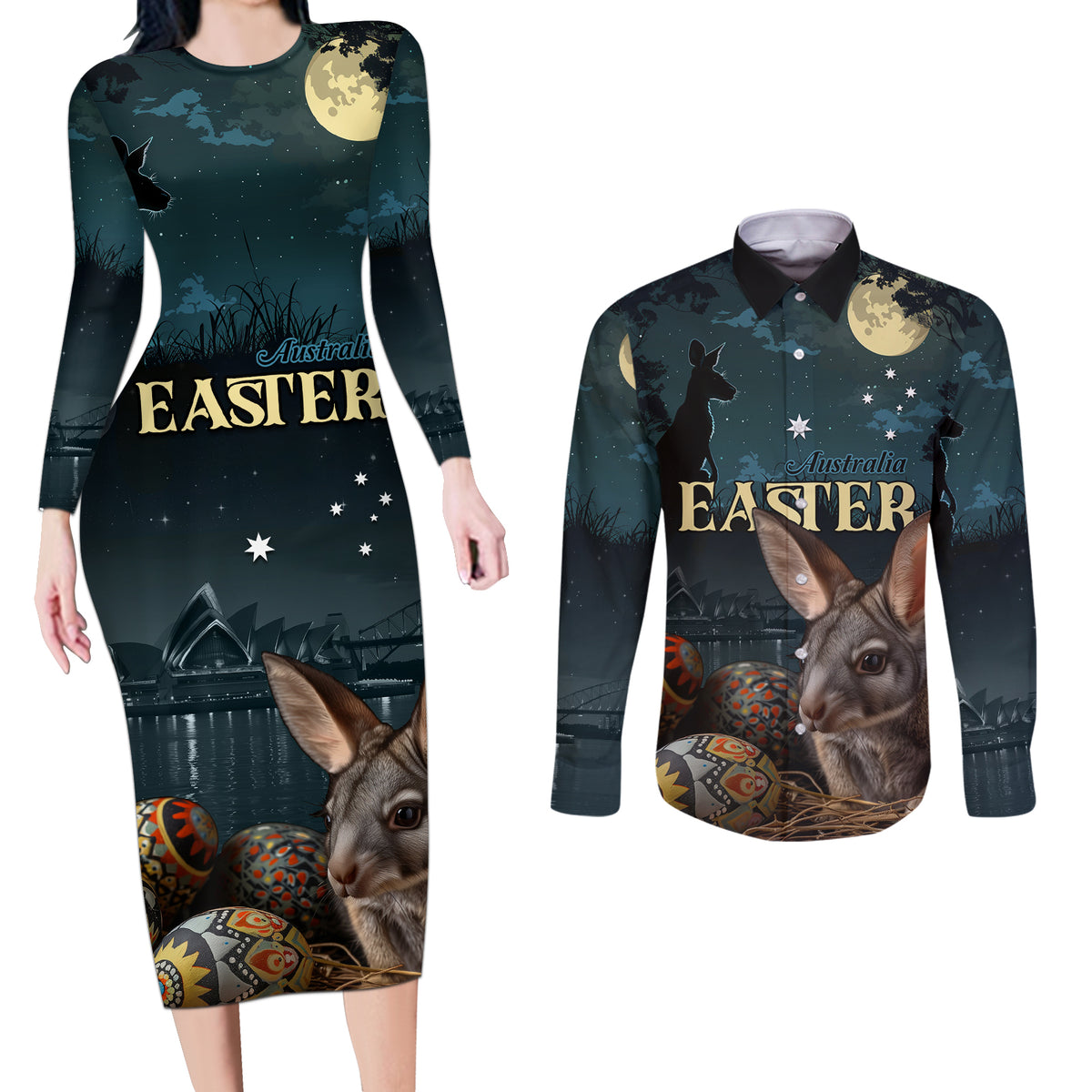 Australia Easter 2024 Couples Matching Long Sleeve Bodycon Dress and Long Sleeve Button Shirt Bunny With Aboriginal Eggs At Starry Night - Wonder Print Shop