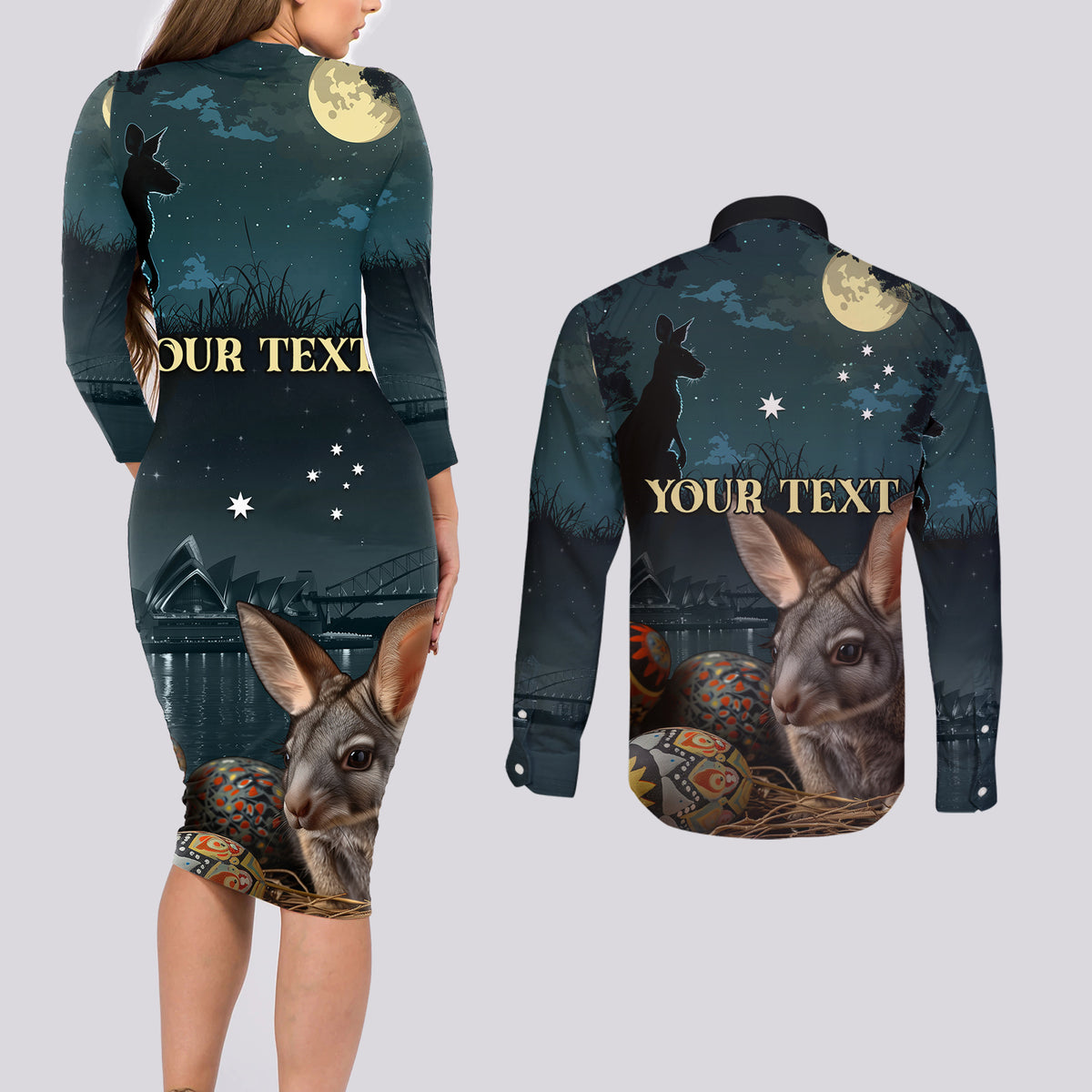 Australia Easter 2024 Couples Matching Long Sleeve Bodycon Dress and Long Sleeve Button Shirt Bunny With Aboriginal Eggs At Starry Night - Wonder Print Shop
