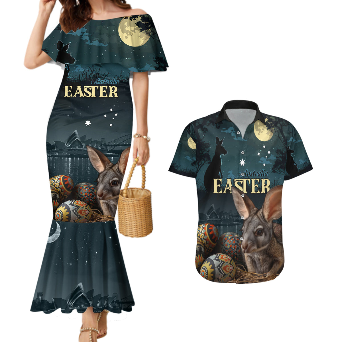 Australia Easter 2024 Couples Matching Mermaid Dress and Hawaiian Shirt Bunny With Aboriginal Eggs At Starry Night - Wonder Print Shop