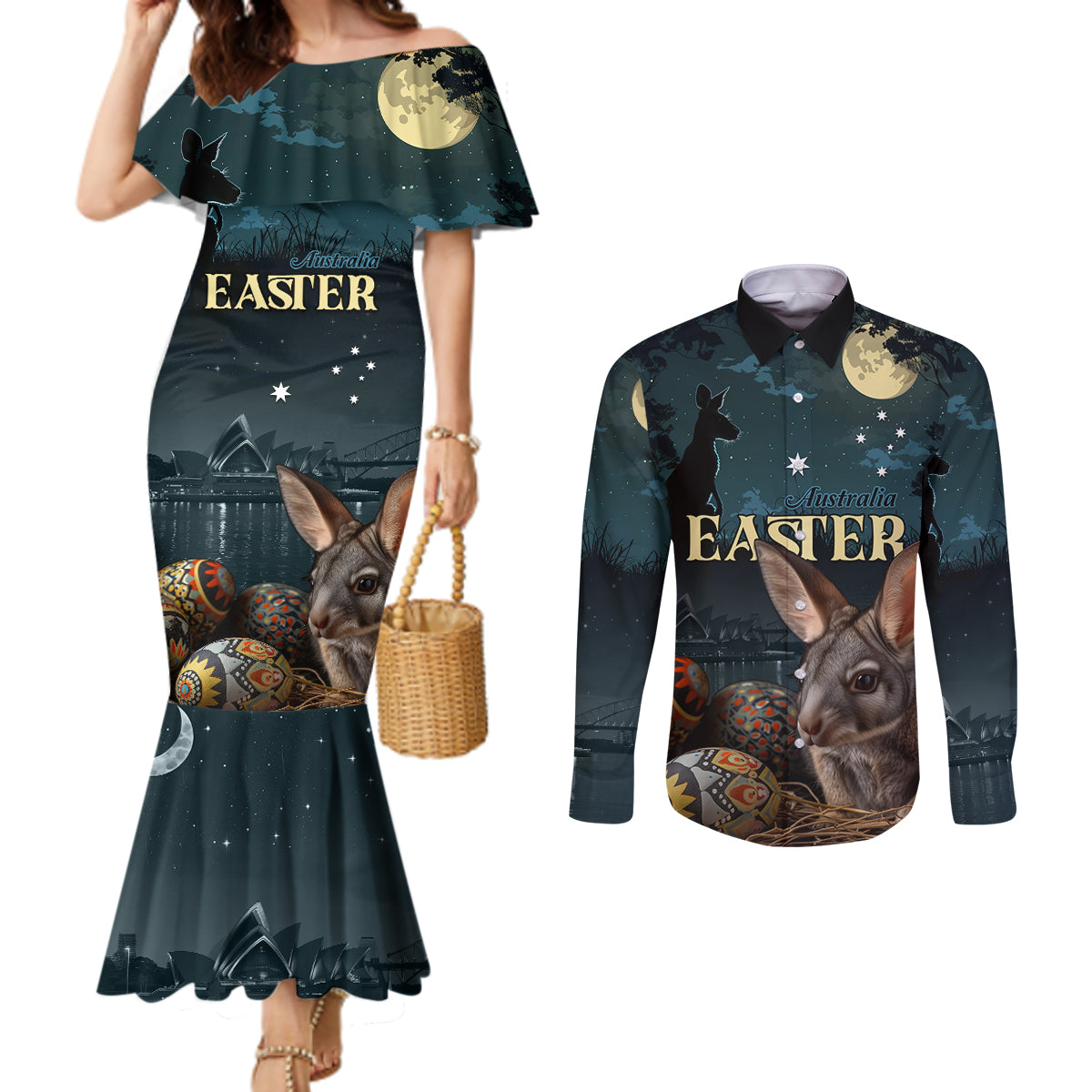 Australia Easter 2024 Couples Matching Mermaid Dress and Long Sleeve Button Shirt Bunny With Aboriginal Eggs At Starry Night