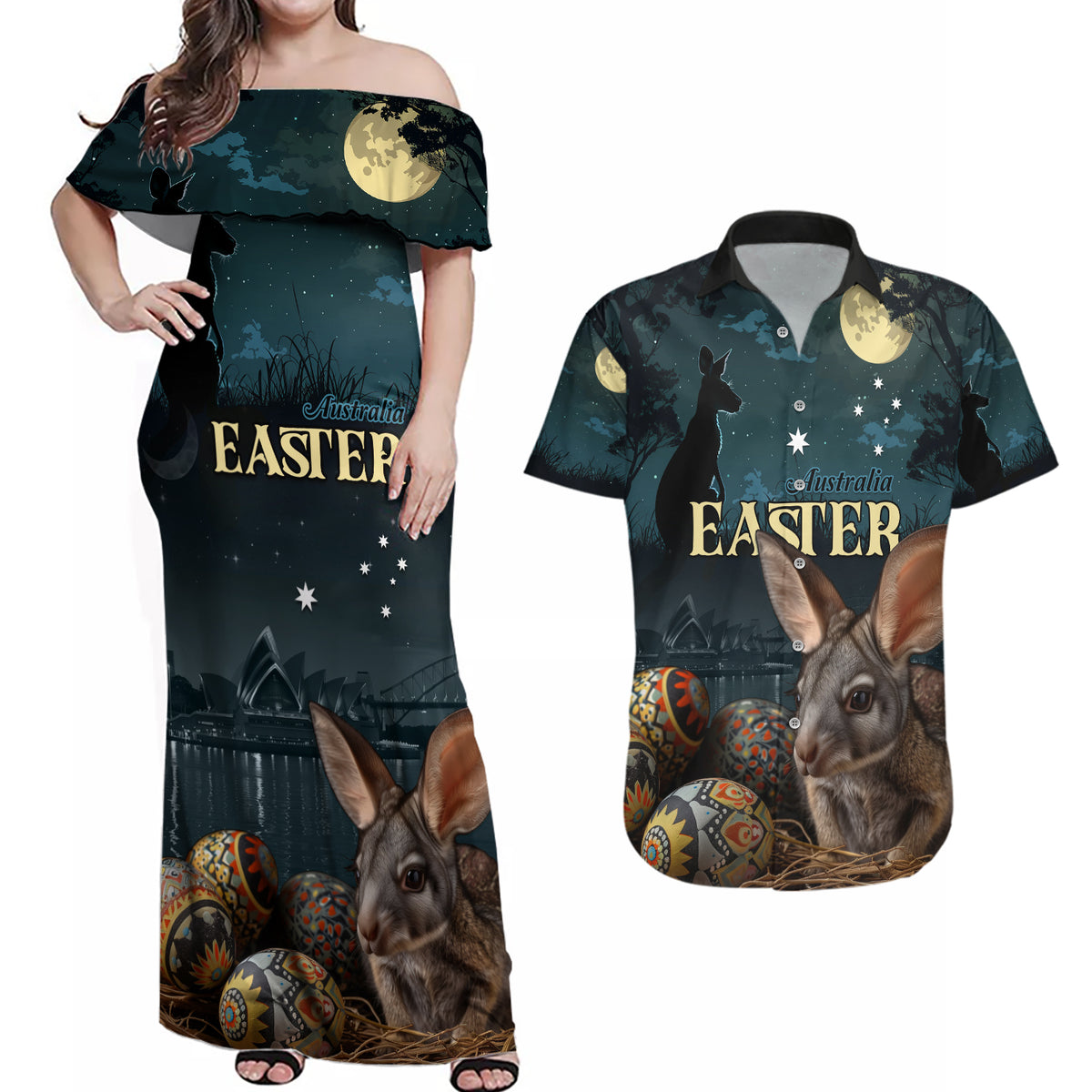 Australia Easter 2024 Couples Matching Off Shoulder Maxi Dress and Hawaiian Shirt Bunny With Aboriginal Eggs At Starry Night - Wonder Print Shop