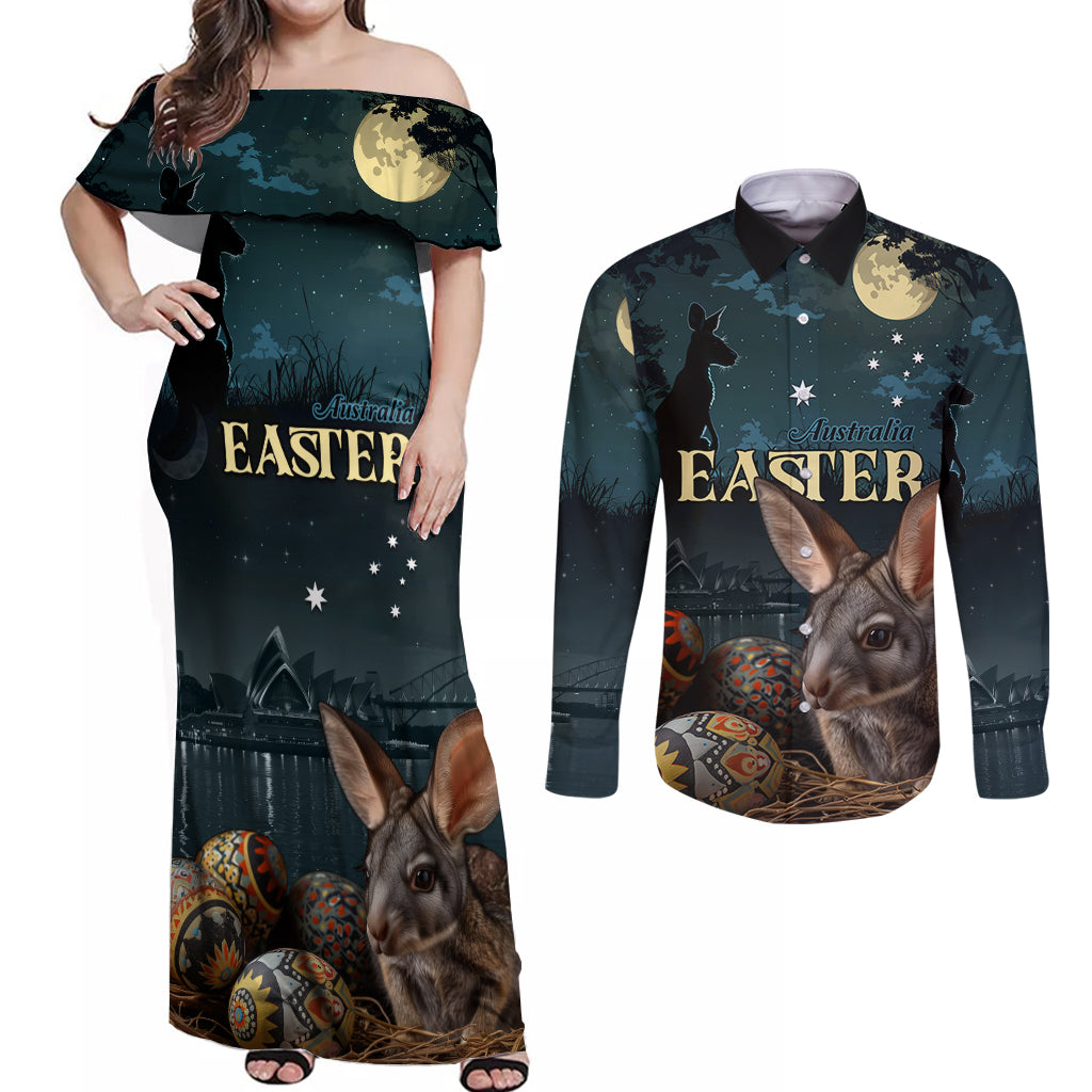 Australia Easter 2024 Couples Matching Off Shoulder Maxi Dress and Long Sleeve Button Shirt Bunny With Aboriginal Eggs At Starry Night - Wonder Print Shop