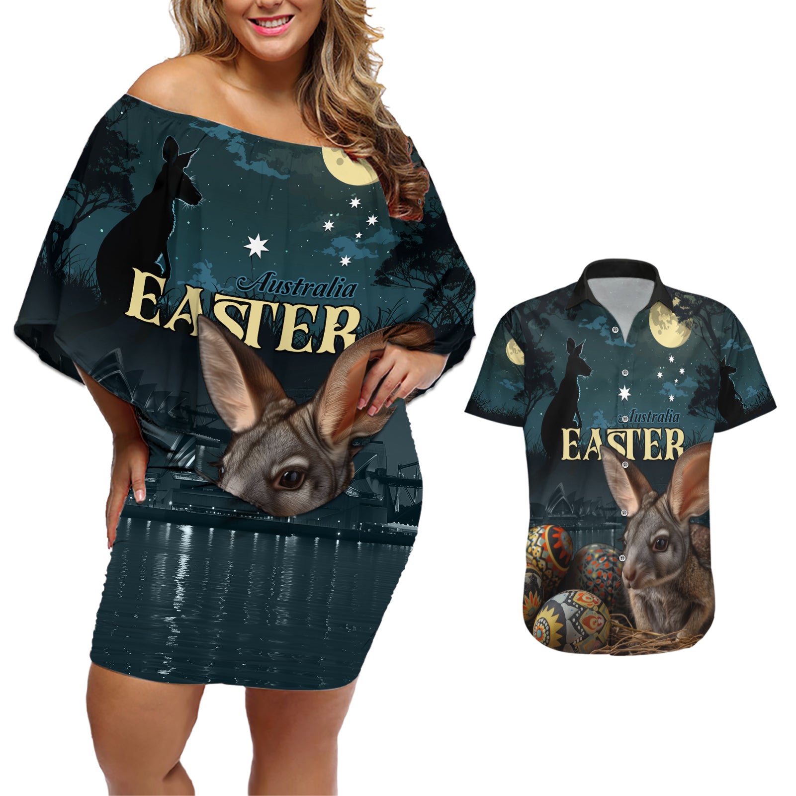 Australia Easter 2024 Couples Matching Off Shoulder Short Dress and Hawaiian Shirt Bunny With Aboriginal Eggs At Starry Night - Wonder Print Shop