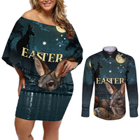 Australia Easter 2024 Couples Matching Off Shoulder Short Dress and Long Sleeve Button Shirt Bunny With Aboriginal Eggs At Starry Night - Wonder Print Shop
