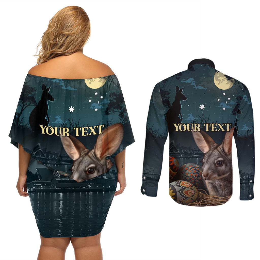 Australia Easter 2024 Couples Matching Off Shoulder Short Dress and Long Sleeve Button Shirt Bunny With Aboriginal Eggs At Starry Night - Wonder Print Shop