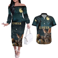 Australia Easter 2024 Couples Matching Off The Shoulder Long Sleeve Dress and Hawaiian Shirt Bunny With Aboriginal Eggs At Starry Night - Wonder Print Shop