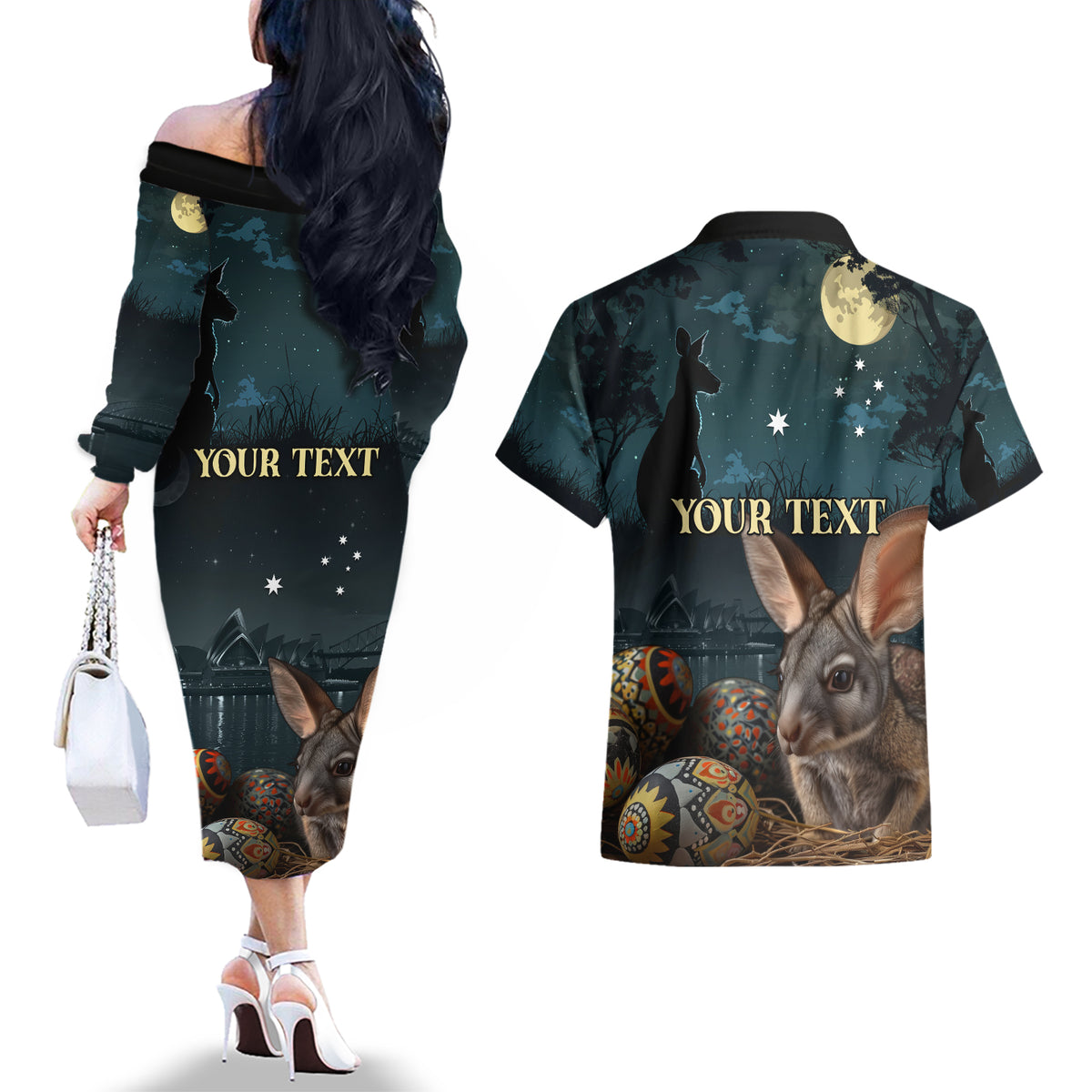 Australia Easter 2024 Couples Matching Off The Shoulder Long Sleeve Dress and Hawaiian Shirt Bunny With Aboriginal Eggs At Starry Night - Wonder Print Shop