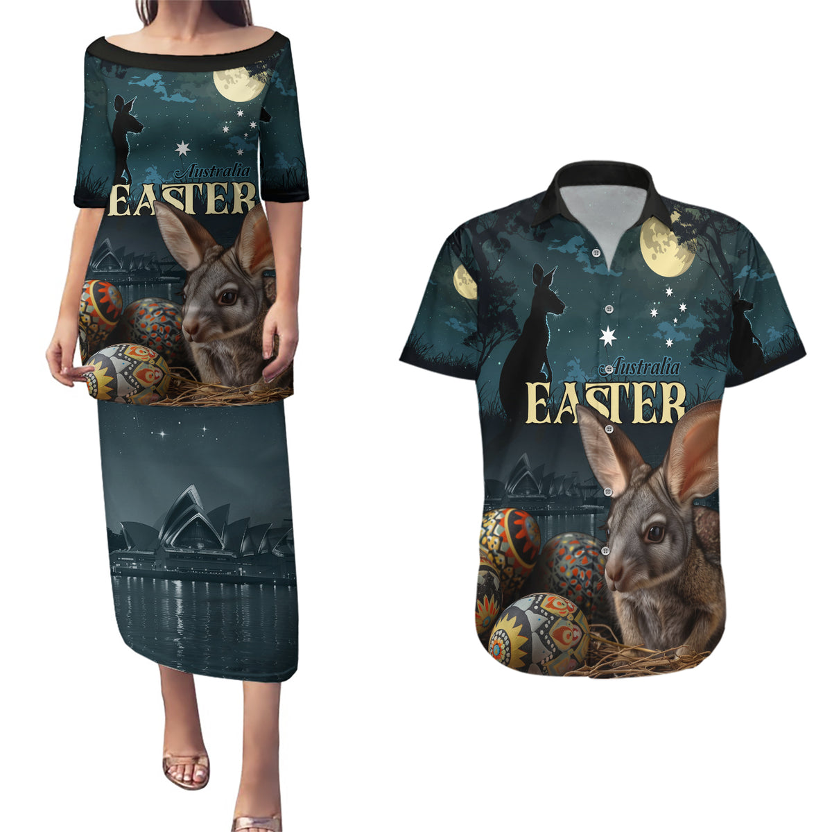 Australia Easter 2024 Couples Matching Puletasi and Hawaiian Shirt Bunny With Aboriginal Eggs At Starry Night - Wonder Print Shop