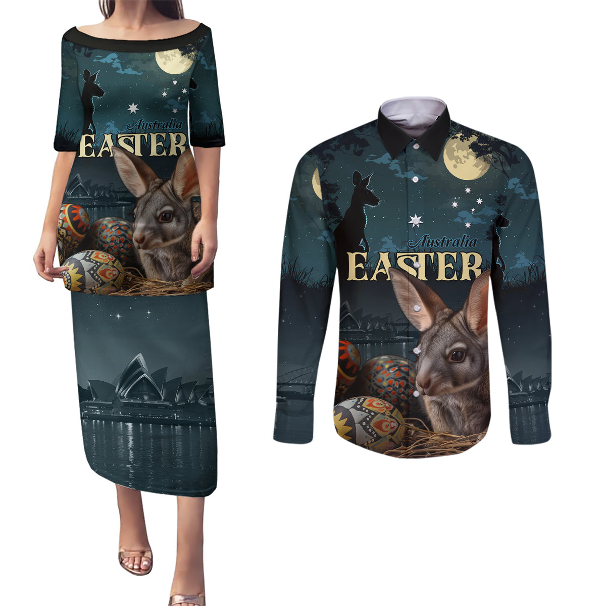 Australia Easter 2024 Couples Matching Puletasi and Long Sleeve Button Shirt Bunny With Aboriginal Eggs At Starry Night - Wonder Print Shop