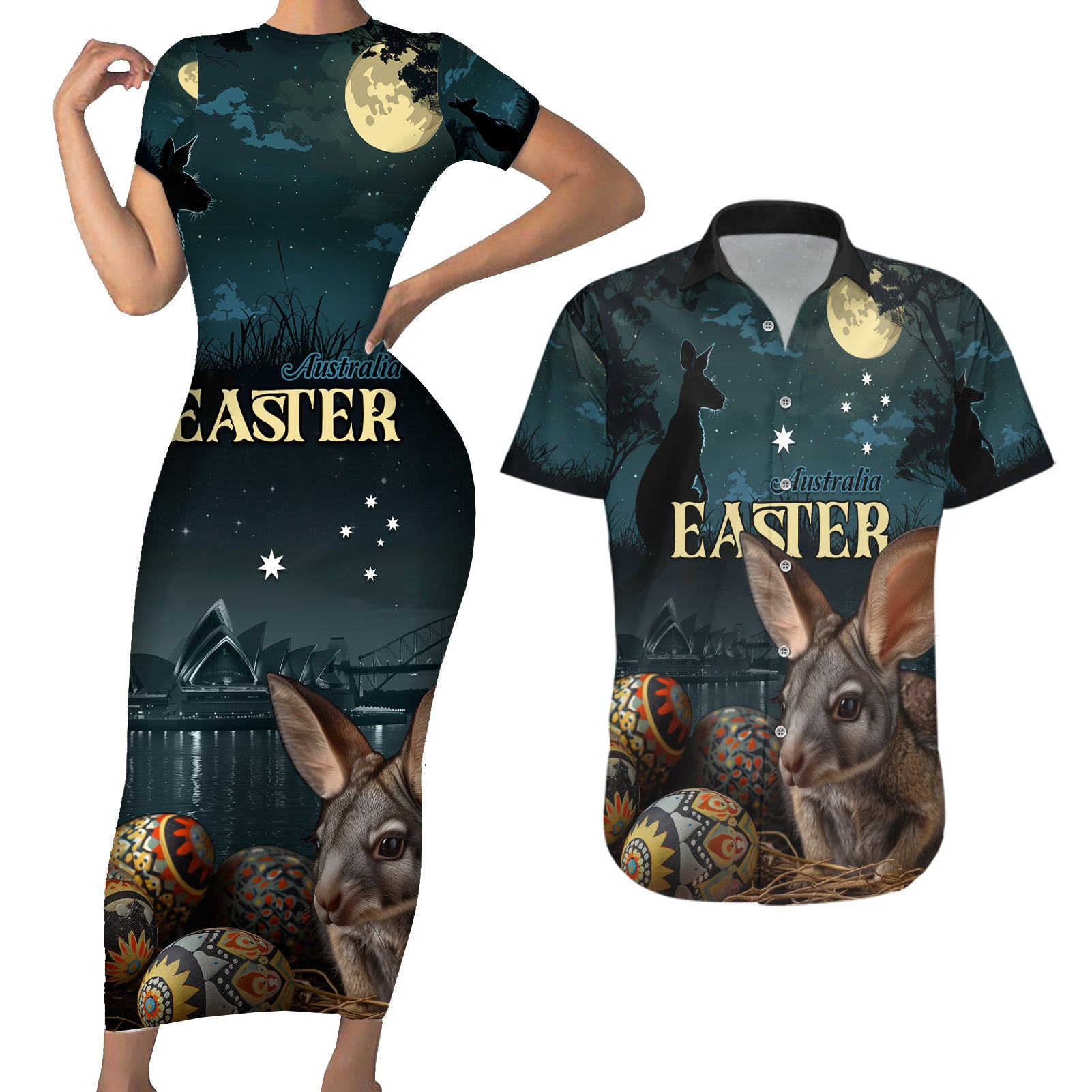 Australia Easter 2024 Couples Matching Short Sleeve Bodycon Dress and Hawaiian Shirt Bunny With Aboriginal Eggs At Starry Night - Wonder Print Shop