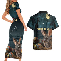 Australia Easter 2024 Couples Matching Short Sleeve Bodycon Dress and Hawaiian Shirt Bunny With Aboriginal Eggs At Starry Night - Wonder Print Shop