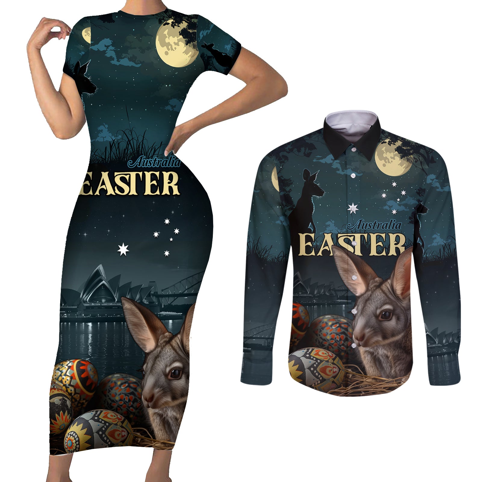 Australia Easter 2024 Couples Matching Short Sleeve Bodycon Dress and Long Sleeve Button Shirt Bunny With Aboriginal Eggs At Starry Night - Wonder Print Shop