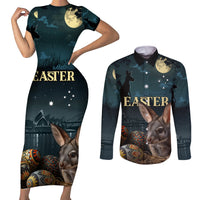 Australia Easter 2024 Couples Matching Short Sleeve Bodycon Dress and Long Sleeve Button Shirt Bunny With Aboriginal Eggs At Starry Night - Wonder Print Shop