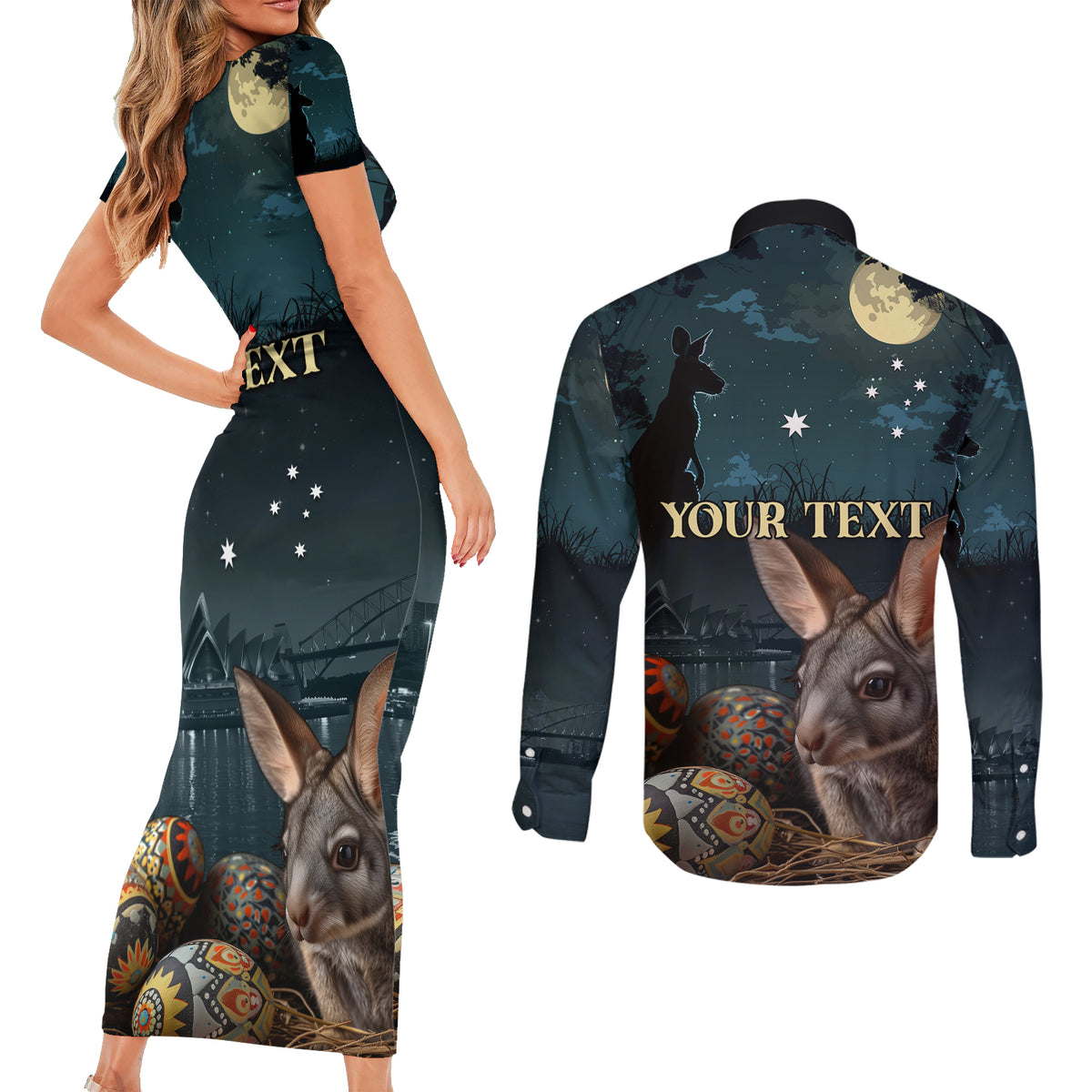 Australia Easter 2024 Couples Matching Short Sleeve Bodycon Dress and Long Sleeve Button Shirt Bunny With Aboriginal Eggs At Starry Night - Wonder Print Shop
